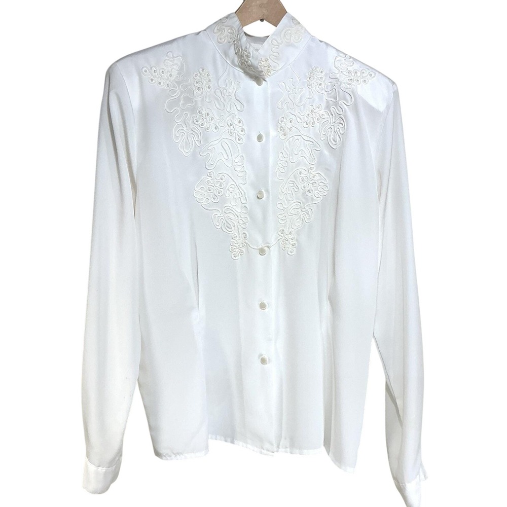 Vintage Christie & Jill Blouse Womens 12 White Soutache Pearl Victorian Blouse
